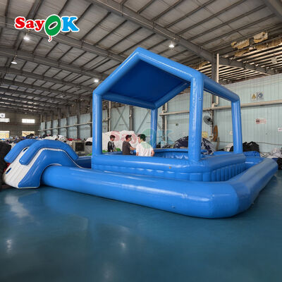 Outdoor Commercial Inflatable Pool Bar with Seats and Slide 26.2ftx26.2ftx13.5ft Made of 0.6mm PVC Tarpaulin and Flame-Retardant