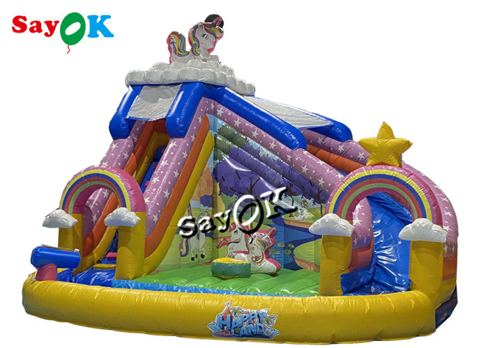Unicorn Themed Inflatable Bounce House Slide With Ball Pit Pool