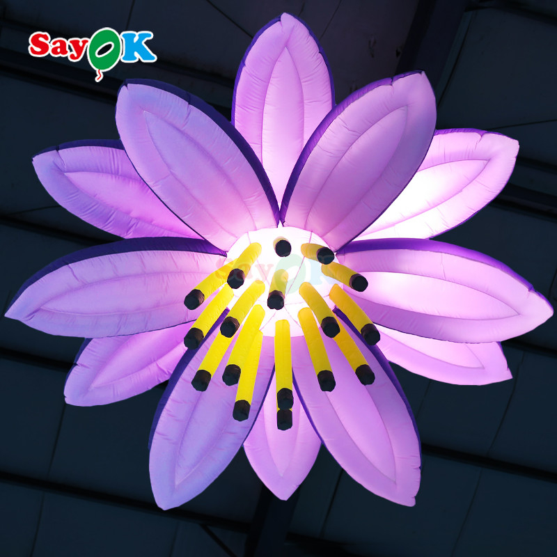 Giant LED Lighting Hanging Flowers Purple Inflatable Lotus Flower For Event Wedding Club Decoration