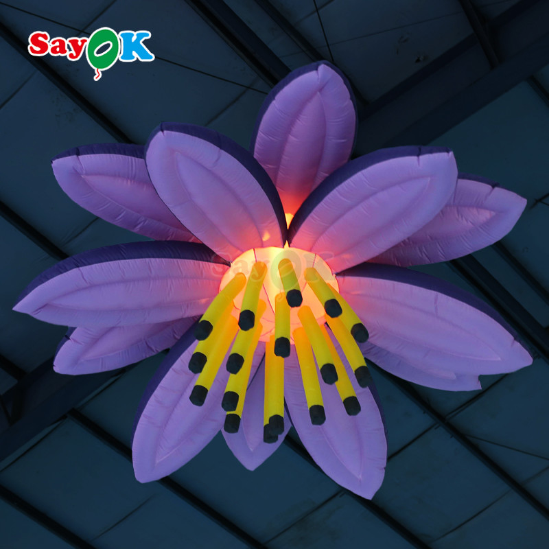 Customized Purple Giant Hanging Lotus Flower Inflatable LED Light Flowers For Event Decoration Advertising